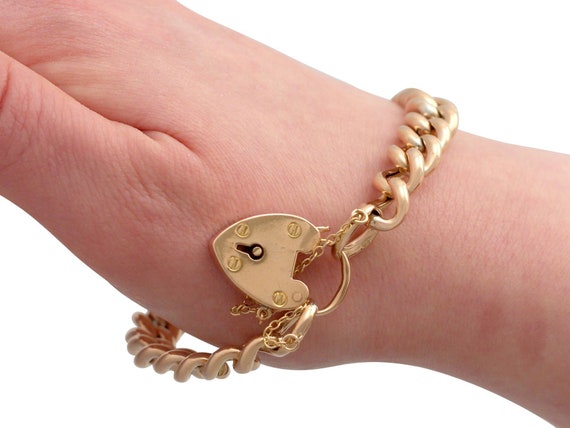 9 ct Yellow Gold Bracelet with Heart Padlock Clas… - image 8