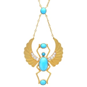 Antique Egyptian Revival Pendant with 3.20 Carat Turquoise and 0.23 Carat Diamond in 18k Yellow Gold Circa 1880