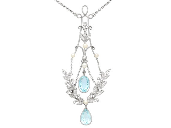 Antique 1.59ct Aquamarine, 1.59ct Diamond  Pearl … - image 1