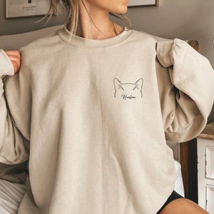 Custom Cat Outline Crewneck - Custom Cat Drawn Sweatshirt - Cat Sweatshirt - Cat Ear Sweatshirt