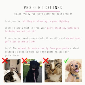 May include: Photo guidelines for pet portraits.  Four images show examples of good and bad photos.  The top image shows a dog sitting in good lighting with its chest and ears visible.  The second image shows a dog with its head cut off.  The third image shows a cat with its head cut off.  The fourth image shows a dog with its head cut off.  The text says "Please follow the photo guide for best results."