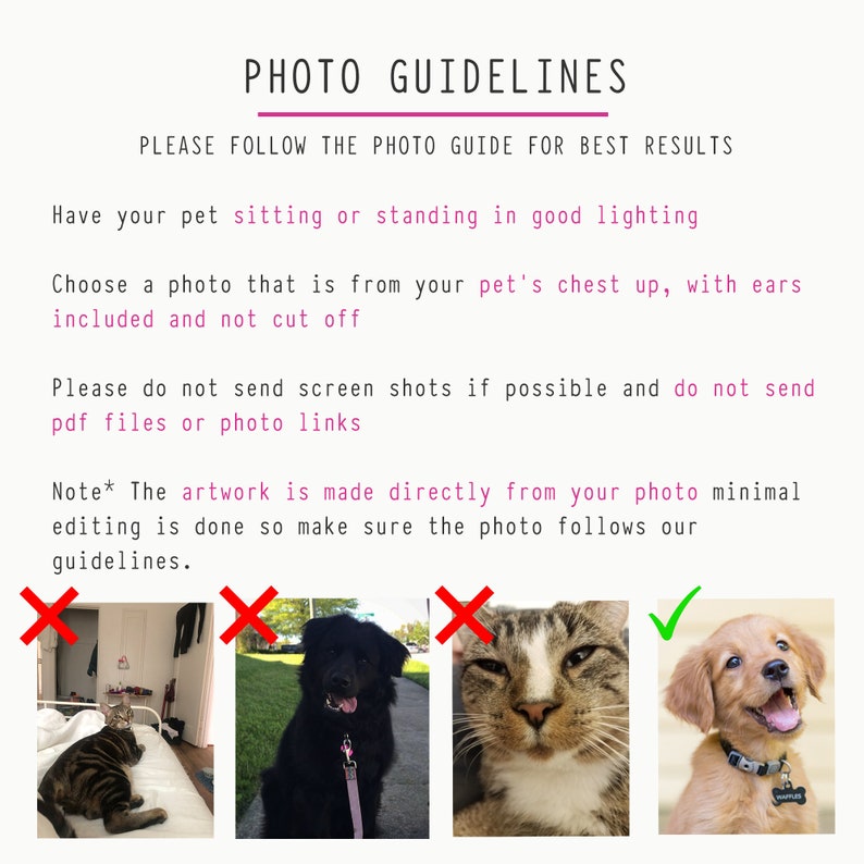 May include: Photo guidelines for pet portraits.  Four images show examples of good and bad photos.  The top image shows a dog sitting in good lighting with its chest and ears visible.  The second image shows a dog with its head cut off.  The third image shows a cat with its head cut off.  The fourth image shows a dog with its head cut off.  The text says "Please follow the photo guide for best results."
