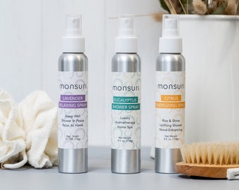 Shower Spray Aromatherapy Spa Room Oils: Eucalyptus, Lavender & Citrus Steam Spray Mist Trio for a Luxurious Self Care At Home Spa Day.