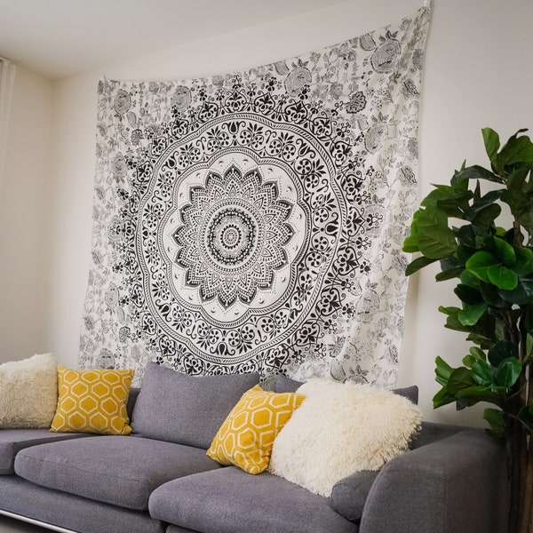 Black Mandala Tapestry Wall Hanging – Handmade Meditation Wall Art, Indian Wall Decor, Boho Tapestry, Spiritual Tapestry, Yoga Room Decor.