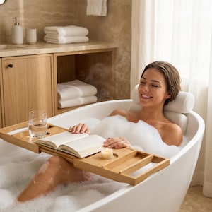 Bath pillow and bathtub tray set in use: a woman in a bubble bath leans back on the pillow and reads a book laid on the tray.