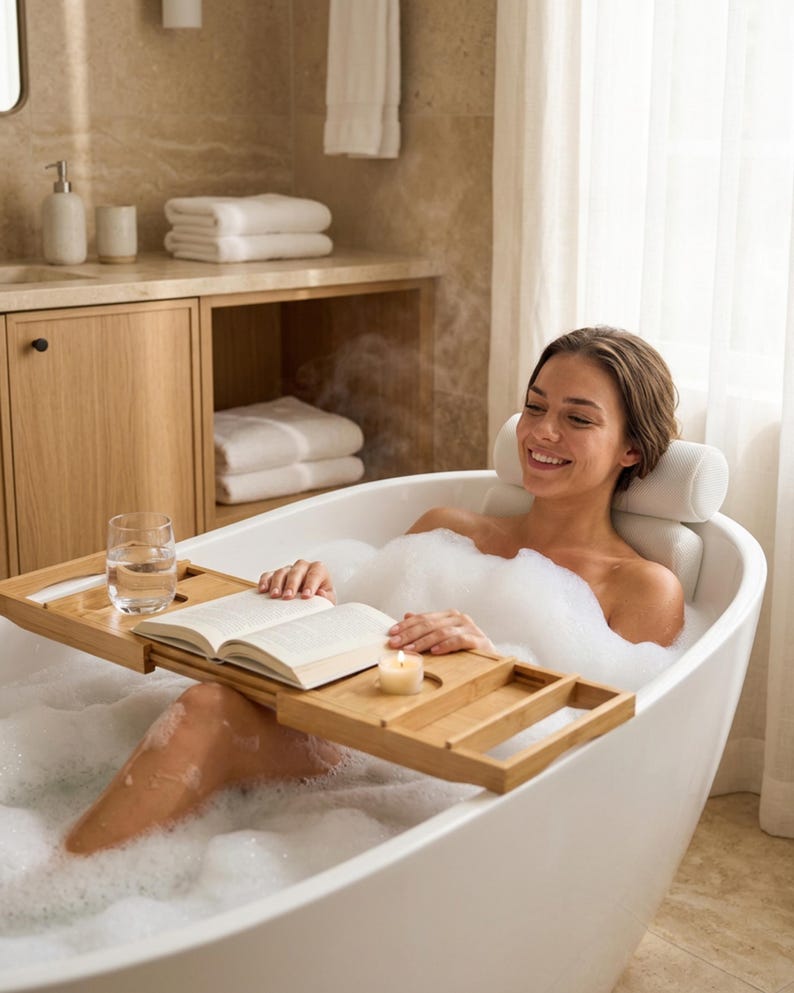 Bath pillow and bathtub tray set in use: a woman in a bubble bath leans back on the pillow and reads a book laid on the tray.