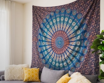 Handcrafted Indian Mandala Wall Tapestry Blue & Gold - Ideal for Yoga, Meditation, Home Decor, and Bohemian Style Living Spaces, 100% Cotton