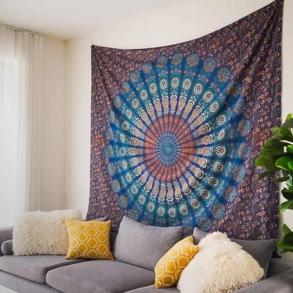 Handcrafted Blue & Gold Indian Mandala Wall Tapestry - Ideal for Yoga, Meditation, Home Decor, and Bohemian Style Living Spaces, 100% Cotton