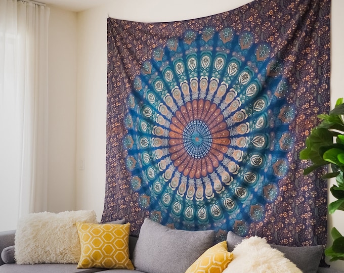 Handcrafted Blue & Gold Indian Mandala Wall Tapestry - Ideal for Yoga, Meditation, Home Decor, and Bohemian Style Living Spaces, 100% Cotton