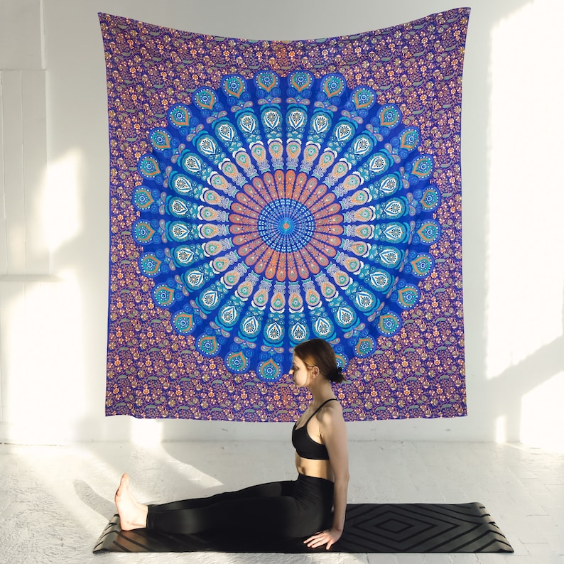 Handcrafted Blue & Gold Indian Mandala Wall Tapestry - Ideal for Yoga ...