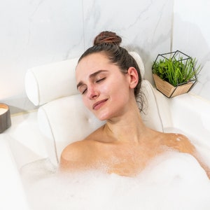 Bubble Bath Pillow for Tub with 6 Suction Cups: At Home Spa Bathtub Pillow Headrest. Self-Care Gifts for Women, Relaxing Bath Gift Set