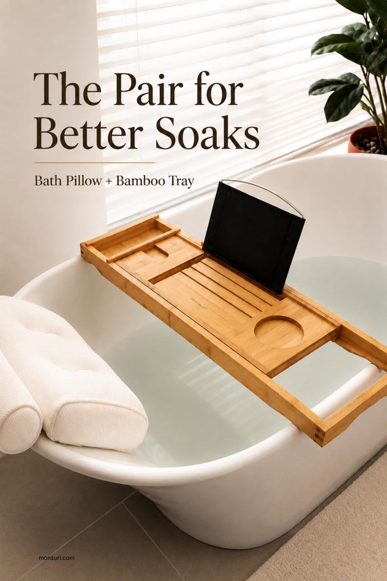Bath pillow and bathtub tray set: the bamboo tray across a white tub with the pillow on the rim, under the headline The Pair for Better Soaks, Bath Pillow + Bamboo Tray.