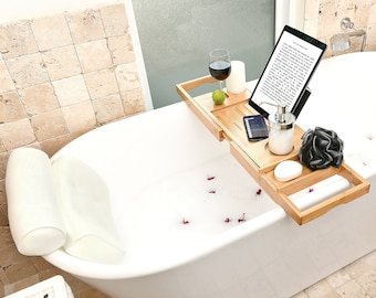 Bathtub Tray and Bath Pillows for Tub: Bathroom Accessories for an At-Home Spa. Self Care Gift Ideas for Women and Relaxation Gifts for Mom.