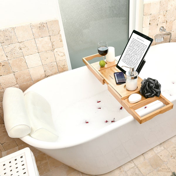 Bathtub Tray and Bath Pillows for Tub: Bathroom Accessories for an At-Home Spa. Self Care Gift Ideas for Women and Relaxation Gifts for Mom.