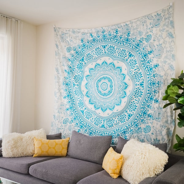 Azure Sky Handmade Indian Mandala Tapestry Wall Hanging for Room Decor, Meditation, Bohemian Wall Decor & Tranquil Bedroom Decor Aesthetics.