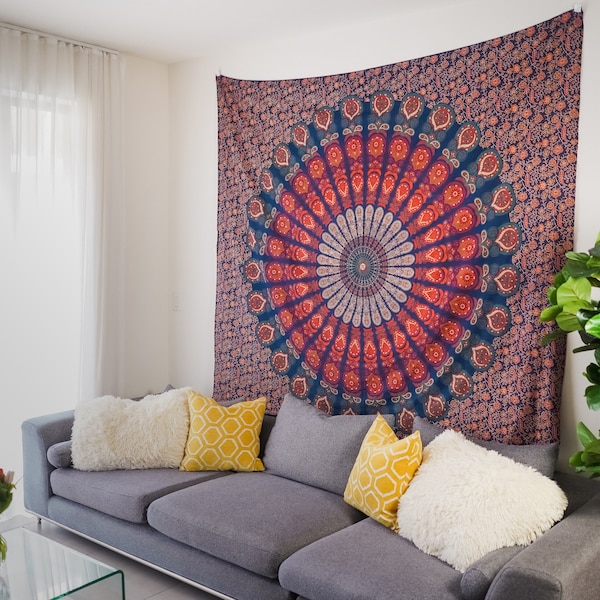 Indian Mandala Tapestry Wall Hanging Boho. Red and Blue Large Handmade Cotton Indian Tapestry Wall Art. Bohemian Room Decor, Meditation.