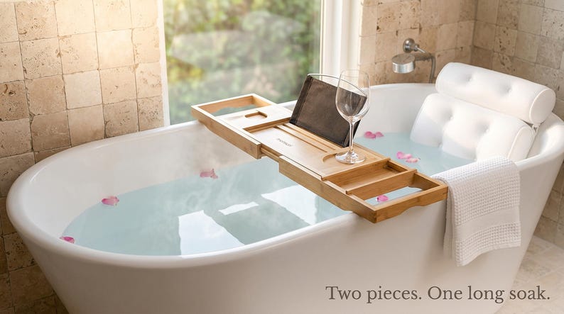 Bath pillow and bathtub tray set on a white freestanding tub: the mesh pillow at the head and the bamboo tray across the water with a tablet and a wine glass, captioned Two pieces. One long soak.