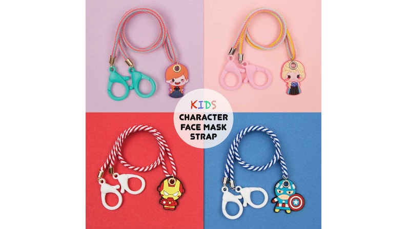 Kids CHARACTER Face Mask LanyardHolder Colorful StrapChain