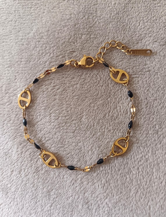 Gold chain bracelet in 304l stainless steel for women, children, oval black resin enamel beads, marine mesh, pig nose.