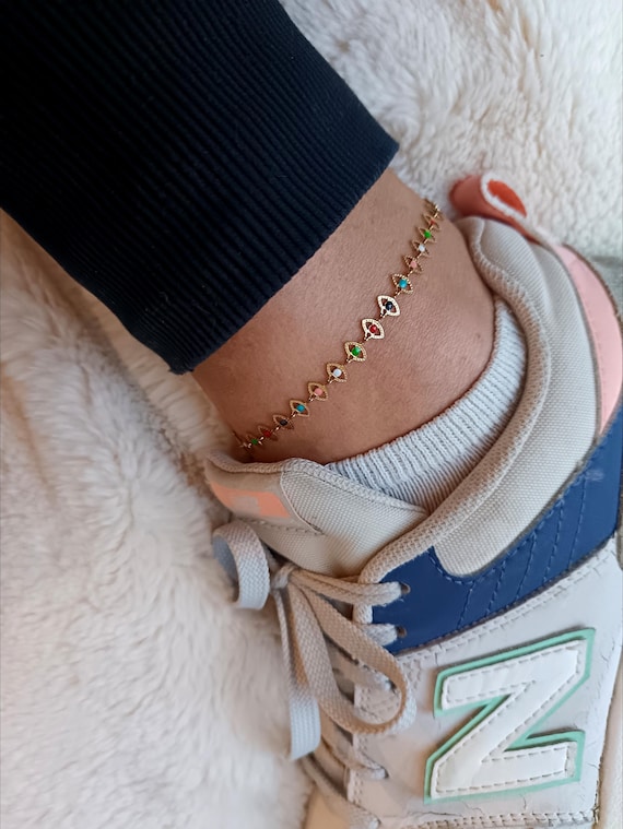Women's ankle chain, gold chain, 304L stainless steel, gold color, eye protection medallions, multicolored medallions