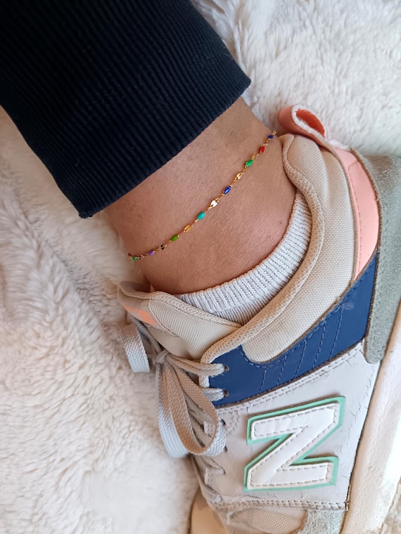 Women's anklet bracelet, gold chain, 304L stainless steel, gold color, multicolored black enamel beads, handcrafted.
