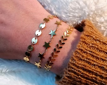 Women's bracelet with gold chain, stainless steel in gold color, chevron and wheat links, handcrafted.