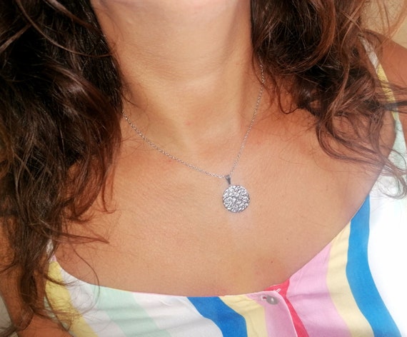 Women's necklace pendant, silver-tone stainless steel chain, hammered medallion, handcrafted, handmade