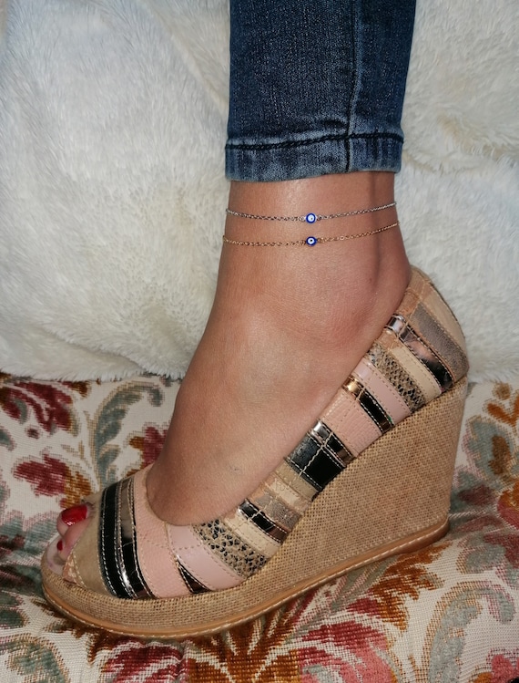 Silver-tone stainless steel anklet bracelet, Greek blue eye protection, Matiasma Nazar Boncuk, Turkish