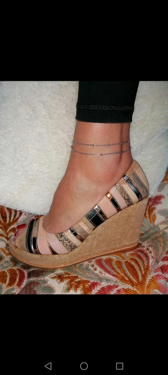 Gold or silver double-strand anklet bracelet in 304L stainless steel with set beads, available in various sizes, handcrafted.
