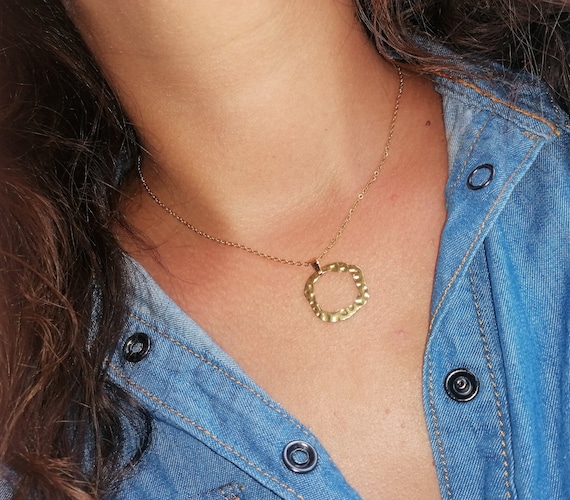Women's necklace pendant, gold-tone stainless steel chain, hammered round medallion, handcrafted, handmade