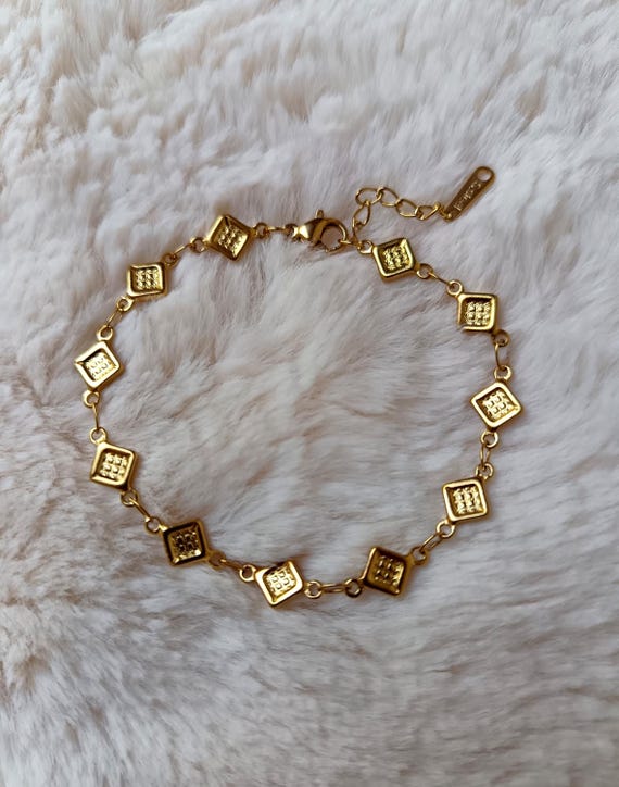 Gold chain bracelet, 304L stainless steel, gold color, square and diamond patterns, boho style, handcrafted creation, Anne-Cé jewelry