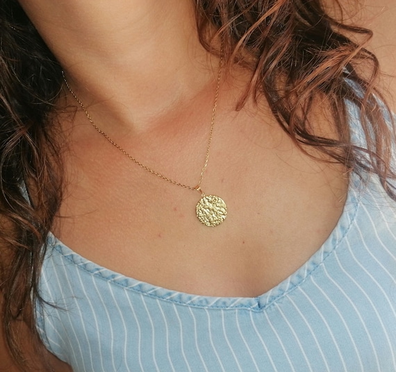 Women's necklace pendant, gold-tone stainless steel chain, hammered medallion, handcrafted, handmade