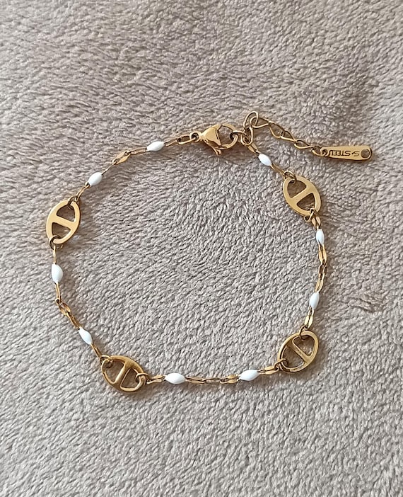 Gold chain bracelet in 304l stainless steel for women, children, oval white resin enamel beads, marine mesh, pig nose.