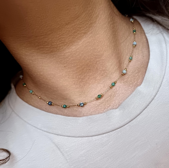 Women's choker necklace, gold chain, 304L stainless steel, gold color, green marbled white grey black beads
