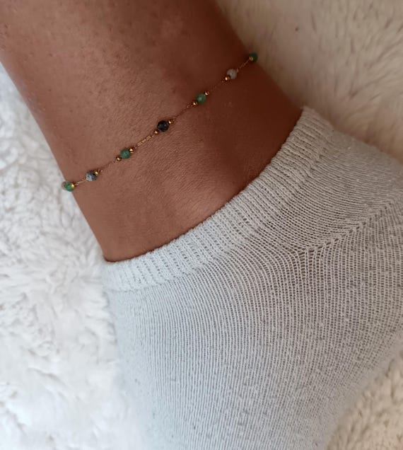Gold-tone anklet bracelet, 304L stainless steel, gold color, marbled green/white and gold beads, handcrafted
