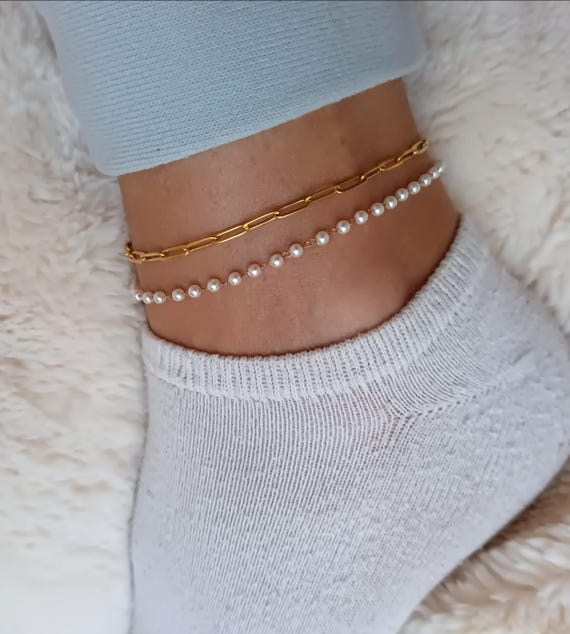 Double-strand anklet bracelet with gold-tone chains, 304L stainless steel, boho style, chunky links, and mother-of-pearl beads.