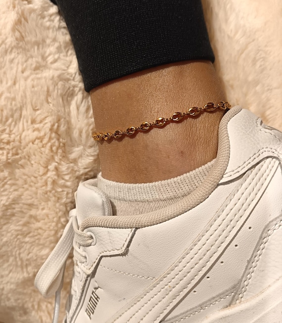 Gold or silver stainless steel anklet bracelet with a coffee bean link design.