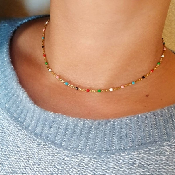 LES POULETTES BIJOUX Collier Plaqué Or Perles Émaillées - Chaine Billes 46.5cm - Création Française