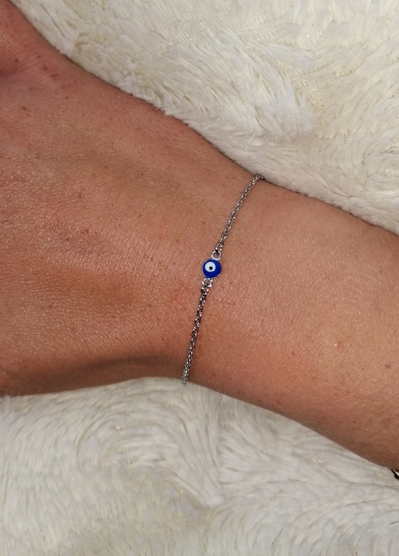 Silver chain bracelet, stainless steel, silver color, blue eye protection, Greek Matiasma Nazar Boncuk, Turkish, handcrafted, handmade