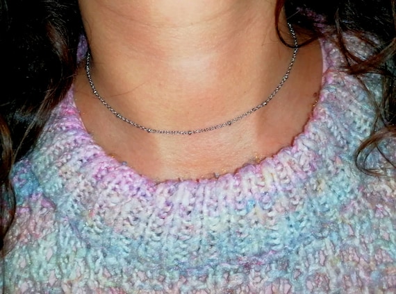 Women's choker necklace, silver-tone stainless steel chain with set beads, handcrafted by Lesbijouxdannece