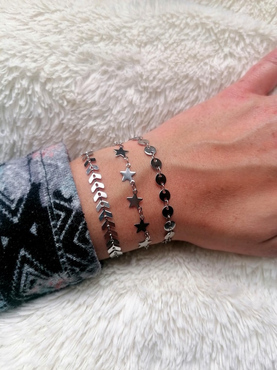 Women's bracelet with silver chains, stainless steel in silver color, bohemian style, handmade.