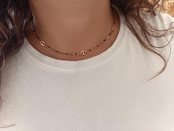 Women's choker necklace, gold-plated stainless steel chain (304L), oval black resin enamel beads, marine mesh, pig's nose