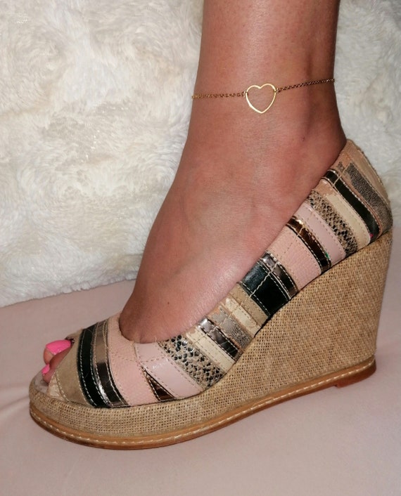 Gold-tone stainless steel anklet with heart connector, handcrafted.
