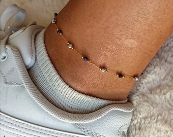 Bracelet chaîne de cheville chaîne dorée Acier inoxydable 304l couleur or perles bleues roi/blanches marbrées et dorées création artisanale