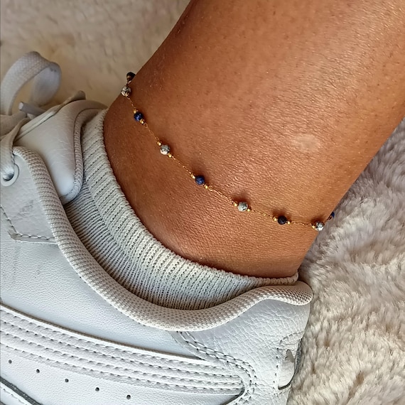 Gold-tone anklet bracelet, 304L stainless steel, royal blue/white marbled and gold beads, handcrafted
