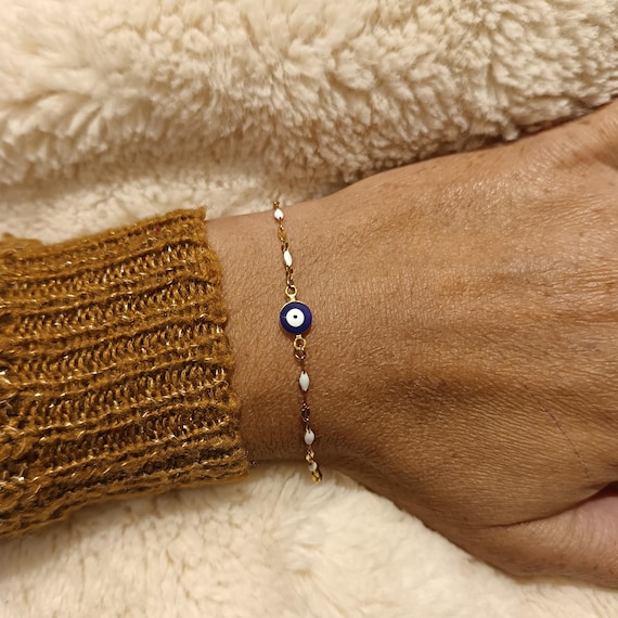 Gold chain bracelet, stainless steel in gold color, white or black resin beads, Turkish blue eye protection against the evil eye, original design
