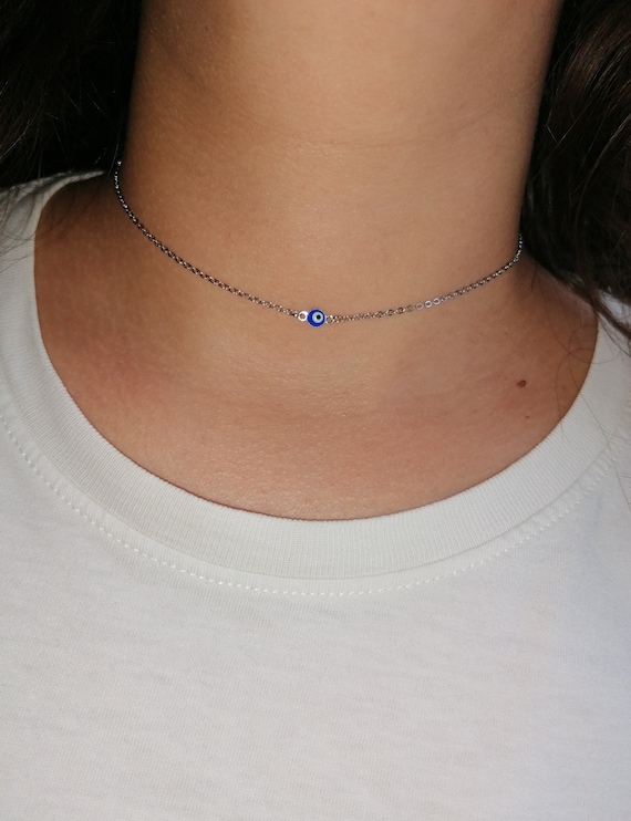 Women's choker necklace, silver-tone stainless steel chain, silver color, Greek blue eye, Matiasma Nazar Boncuk, Turkish, handcrafted creation