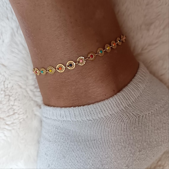 Women's anklet, gold chain, 304L stainless steel, gold color, mandala design with small multicolored round medallions, handcrafted.