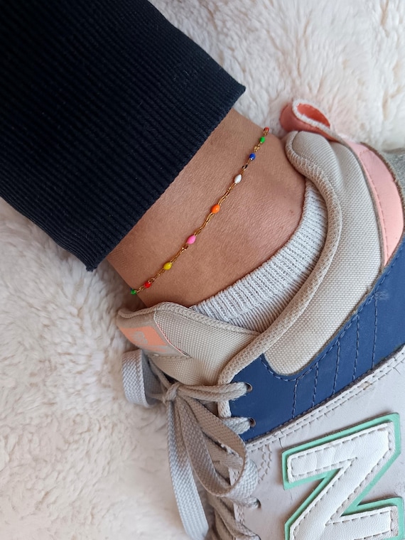 Women's anklet bracelet, gold chain, 304L stainless steel, gold color, enameled beads, multicolored resin, handcrafted