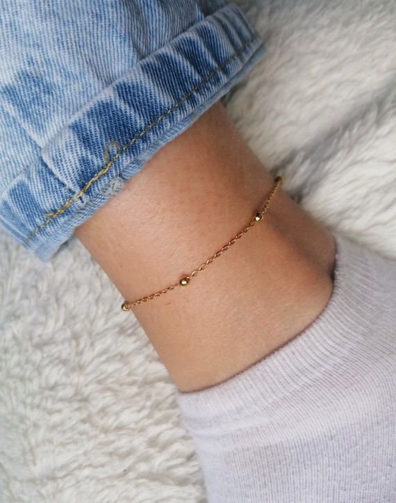 Gold-tone stainless steel anklet bracelet with set beads, handcrafted